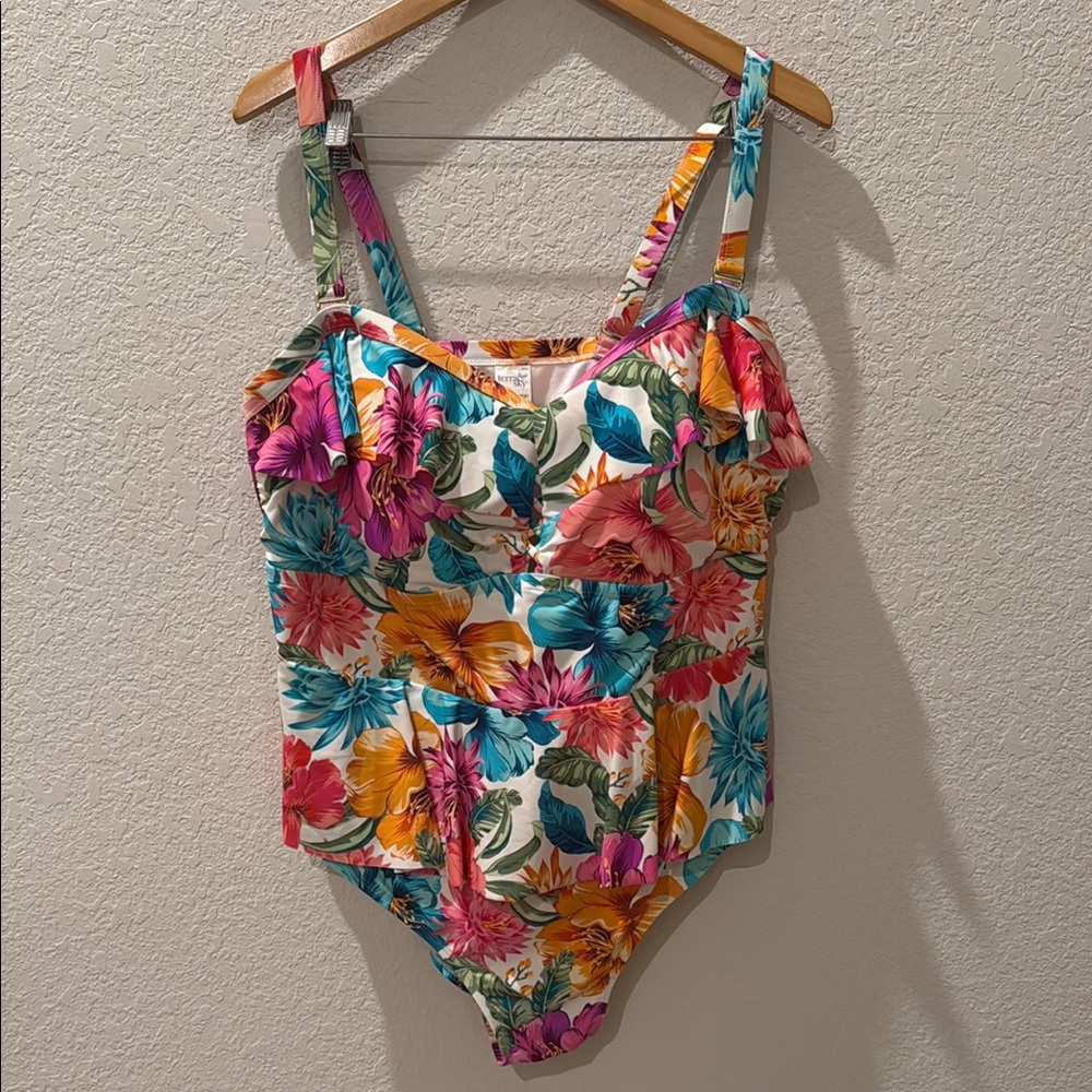 Terra & Sky Pink and Orange One Piece Swimsuit Vibrant Floral Design